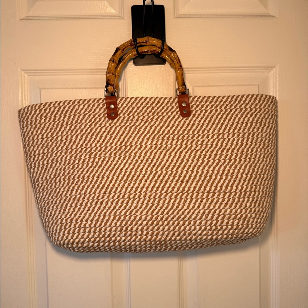 French Connection Tan and White Tote Bag